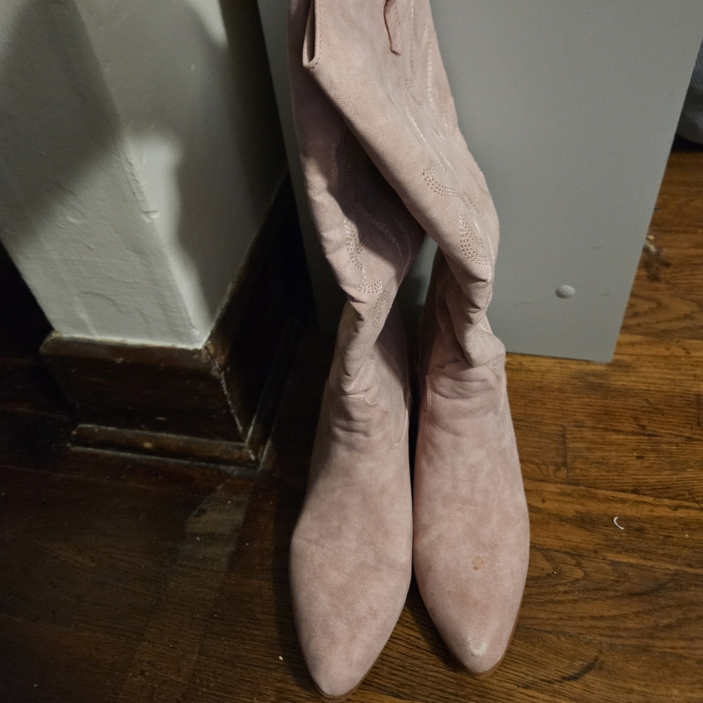 Pink Suede Knee-High Boots - Picture 3 of 7